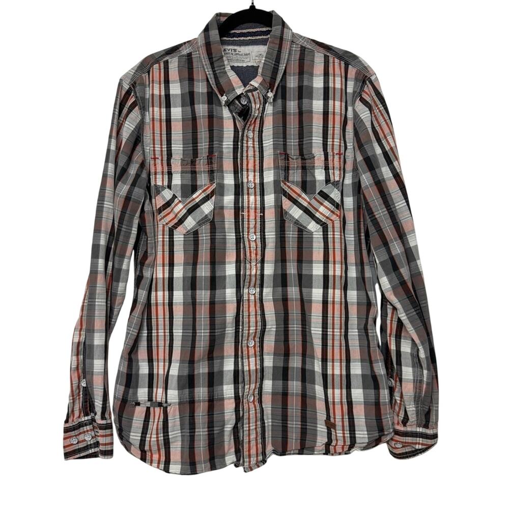 Levi's Plaid Button Down Shirt Mens Large Gray Orange Long Sleeve Western Casual